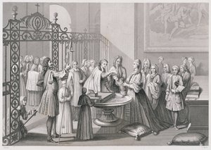 Doop volgens de kerk van Rome (in de 18e eeuw), gegraveerd door A. Thorn, uit 